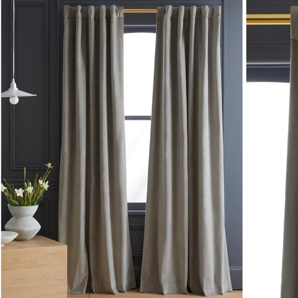NWOT QUINCE 48x108 Cotton Velvet Room Darkening Curtain Light Grey 0949